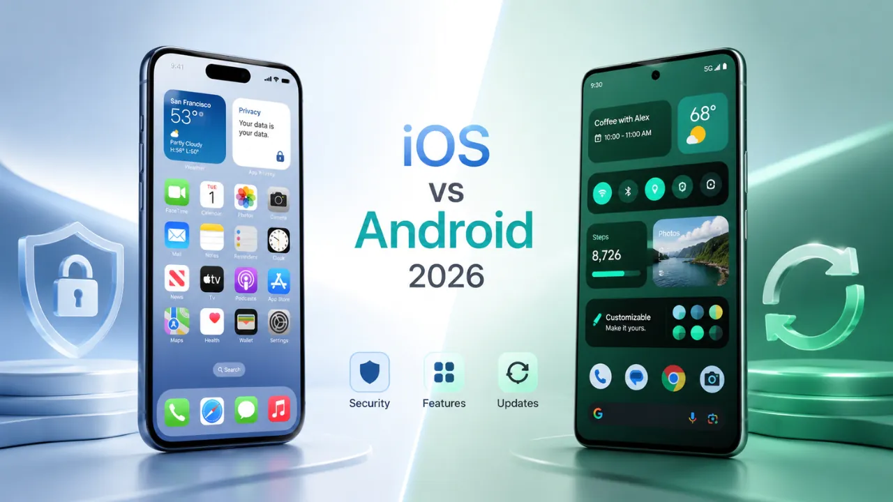 Two smartphones compare iOS and Android with security, features, and update icons in a clean 2026 tech layout