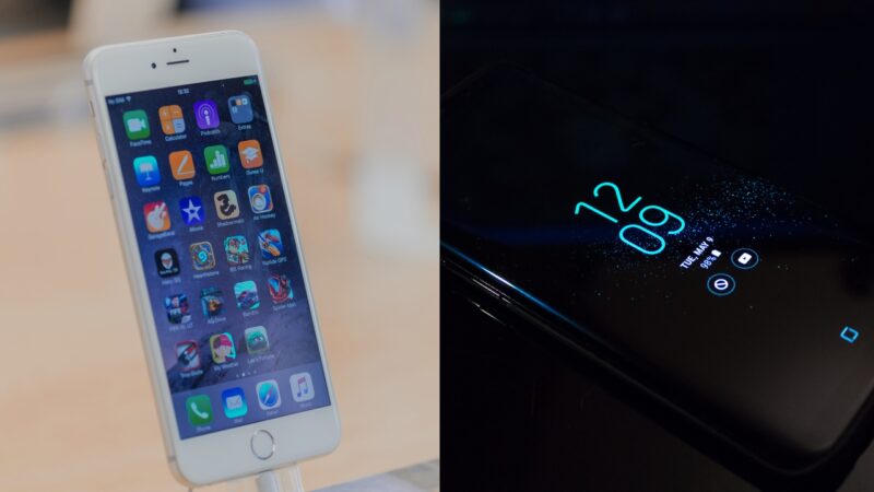 An iPhone home screen and Android lock screen appear side by side for a mobile security comparison