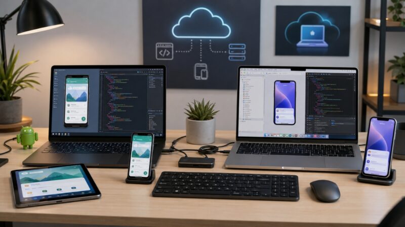 Developer workspace with laptops, phones and tablets set up for Android and iOS app development