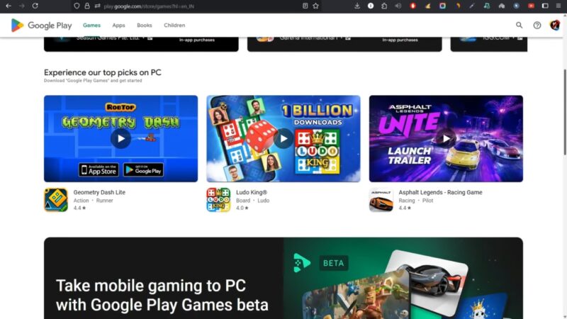 Google Play Games page with Geometry Dash, Ludo King and Asphalt Legends for PC