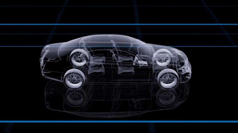 Transparent side view of a car shows its internal structure and wheel layout