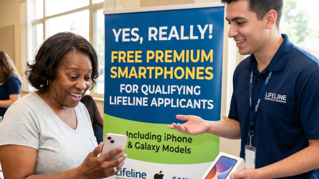 A woman receives a smartphone at a Lifeline assistance event