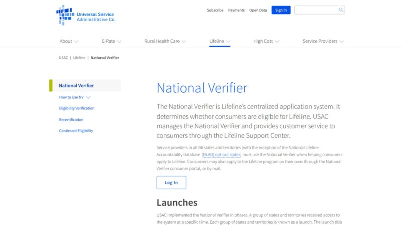 USAC National Verifier webpage for Lifeline eligibility applications