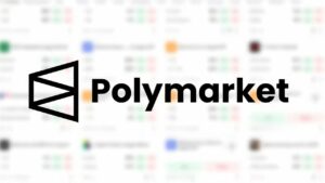 Polymarket logo over a blurred prediction market dashboard