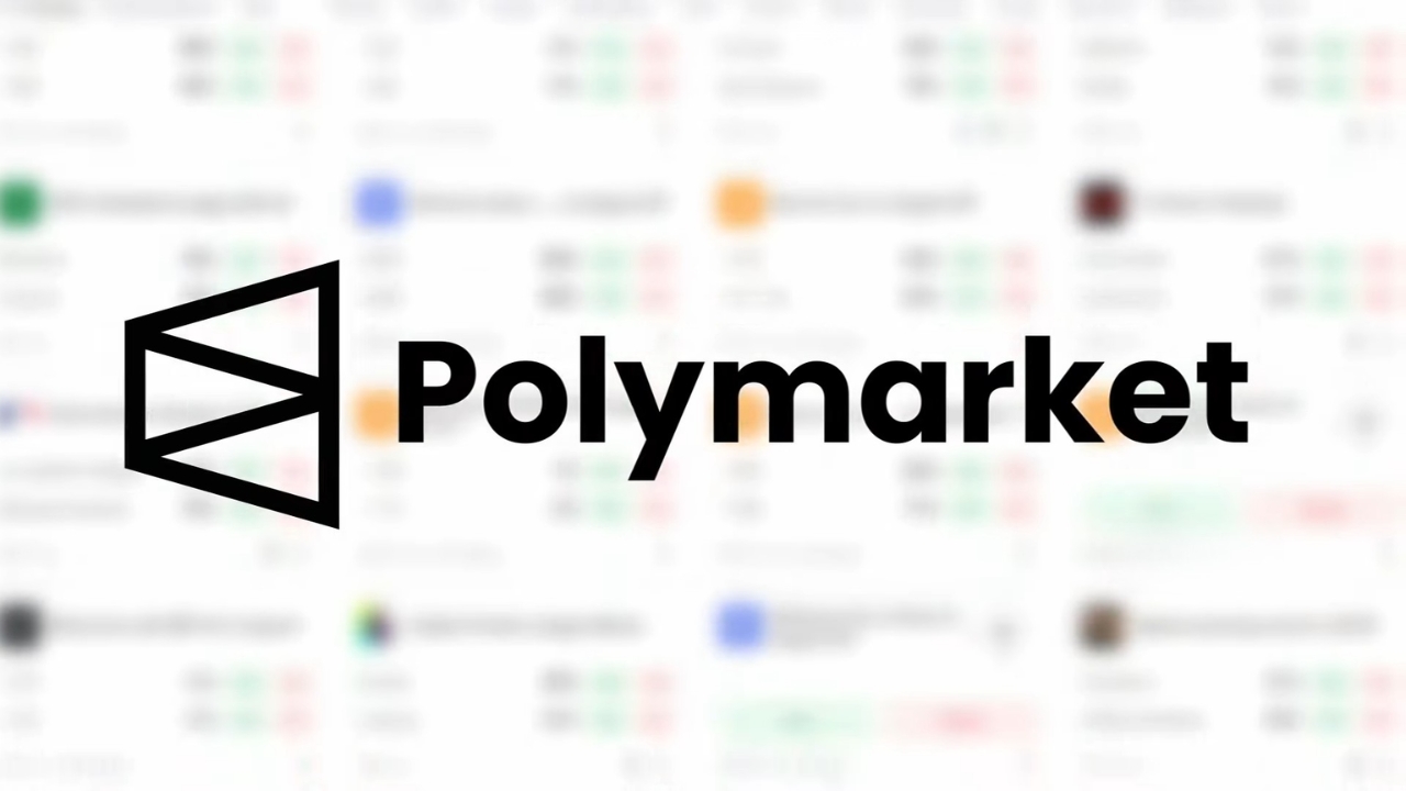 Polymarket logo over a blurred prediction market dashboard