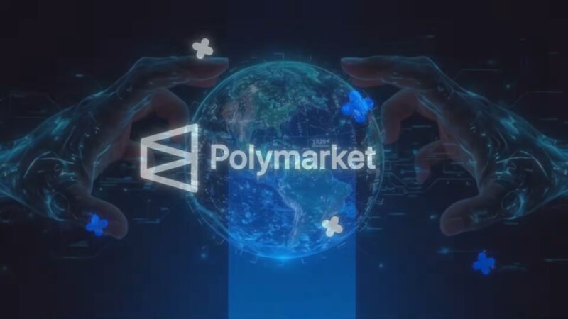 Polymarket logo over a blue digital globe between two hands