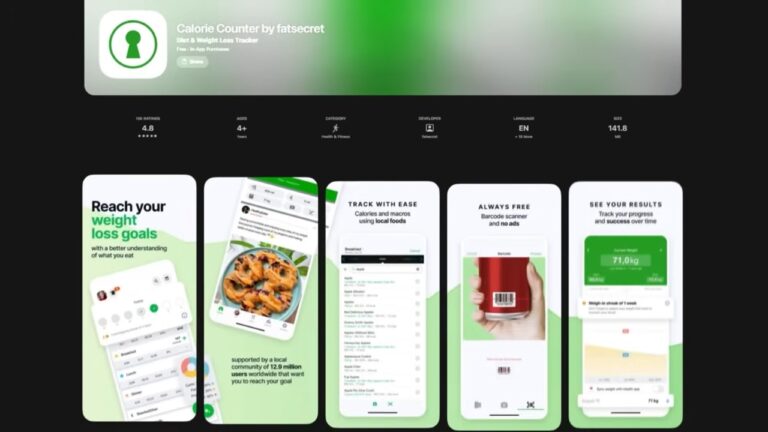 Apple App Store page for the Calorie Counter app with five mobile preview images