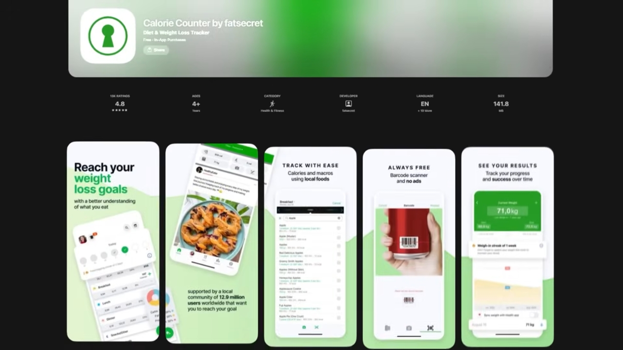 Apple App Store page for the Calorie Counter app with five mobile preview images