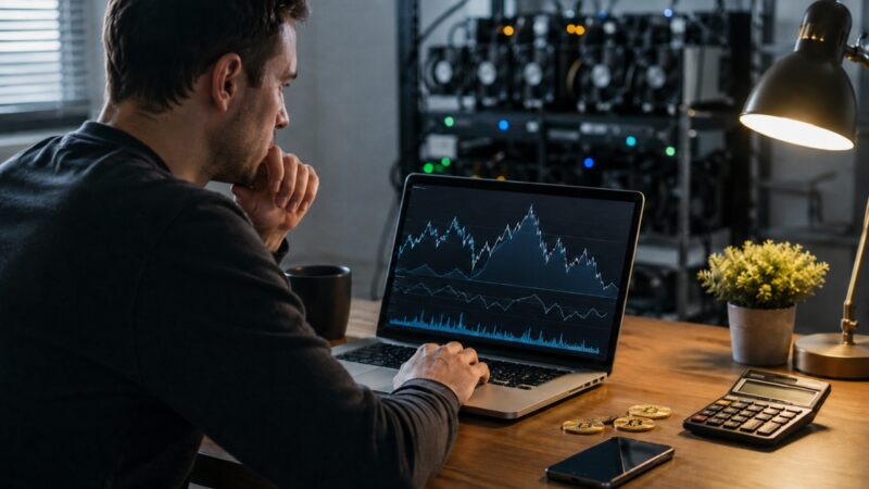 Man reviews crypto profit charts on a laptop beside a calculator and crypto hardware