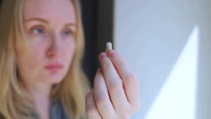 Woman holds a magnesium capsule in her hand