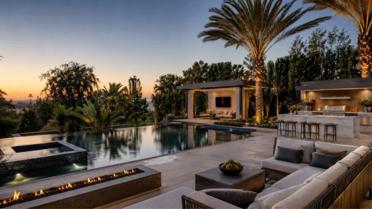 Luxury celebrity-style backyard with infinity pool, cabana, outdoor kitchen, palm trees, fire feature and modern lounge area.