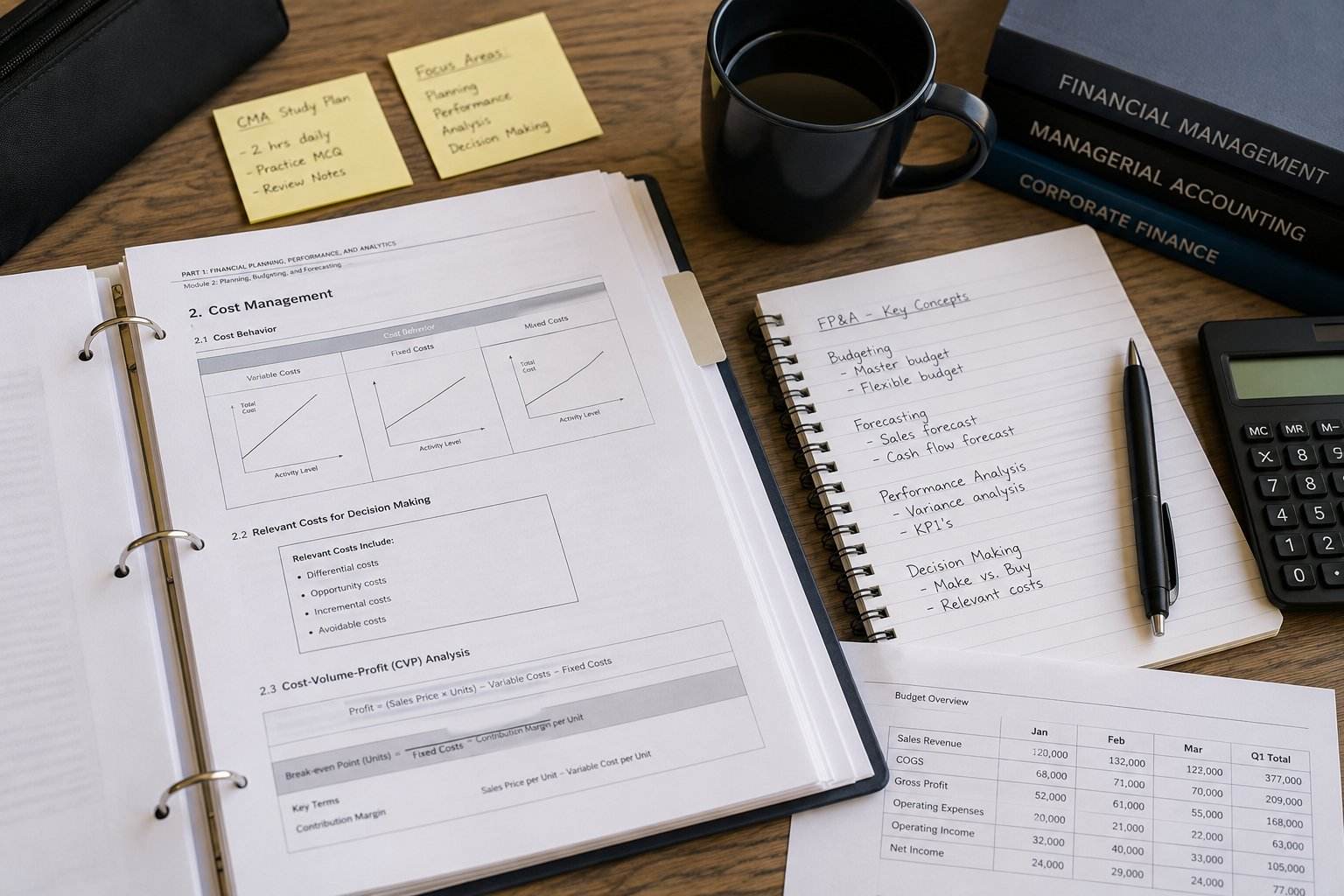 CMA study notes, finance textbooks, calculator and budgeting papers on a desk