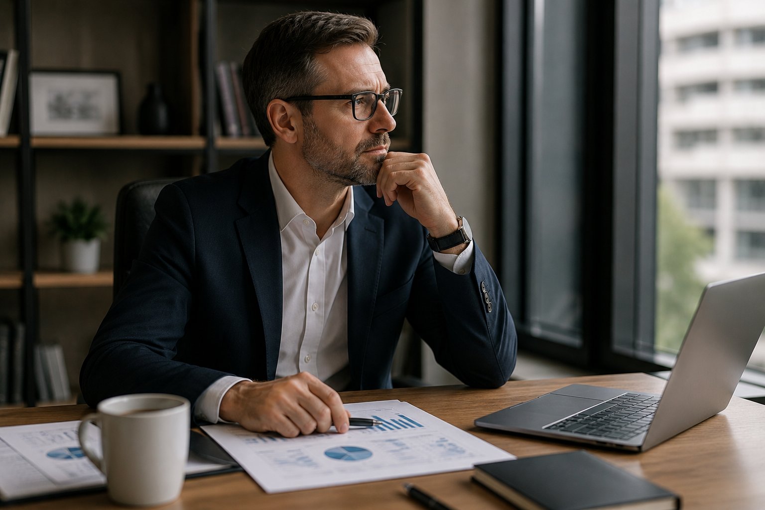 Businessman reviewing financial reports beside a laptop in an office