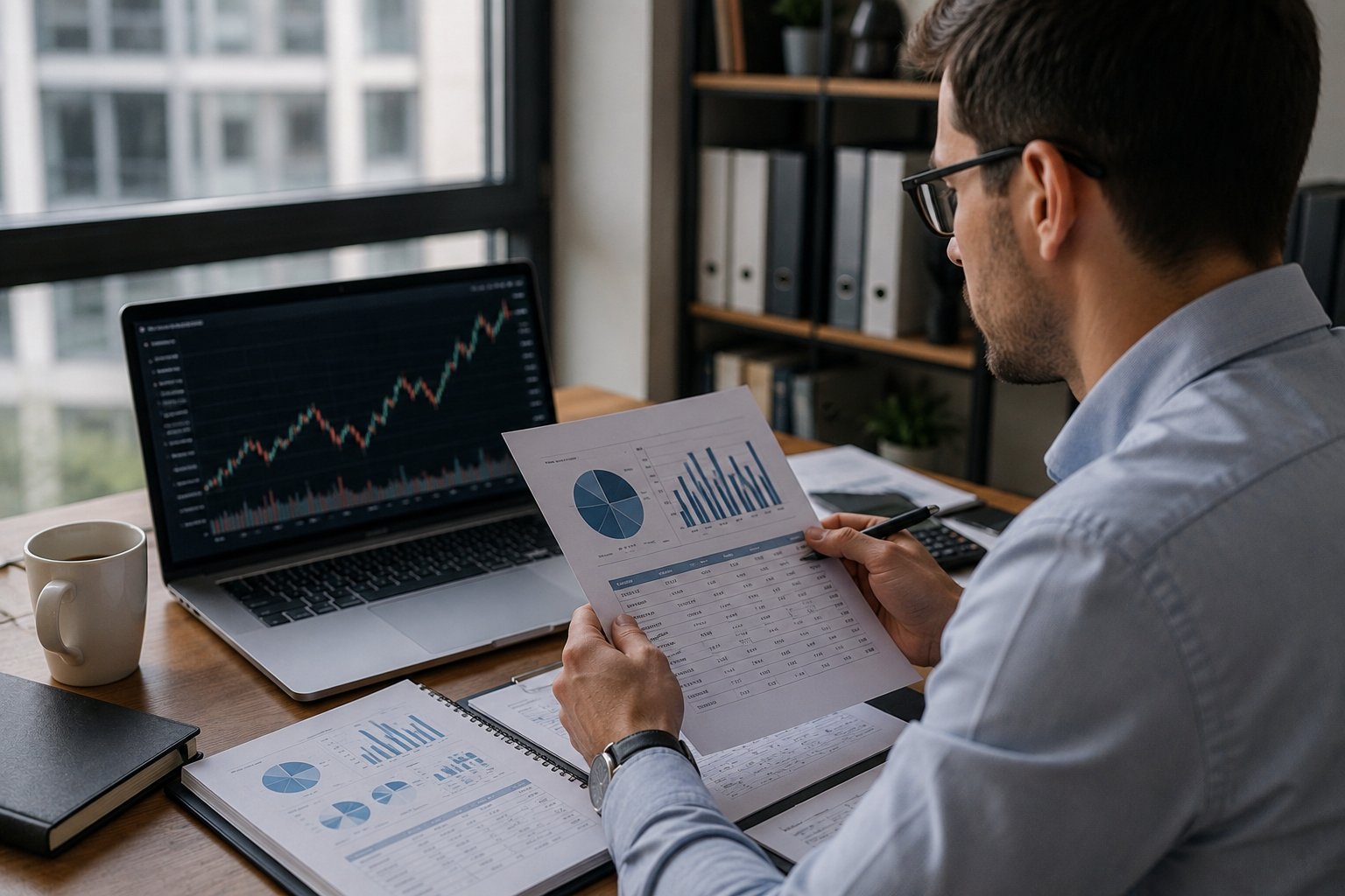 Finance professional analyzing investment charts and stock market data