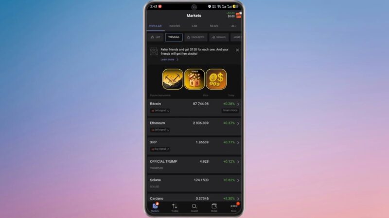 Libertex mobile app with cryptocurrency prices and market data on a smartphone.