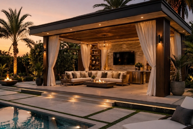 Luxury cabana beside a swimming pool with lounge seating, fire feature and tropical landscaping.