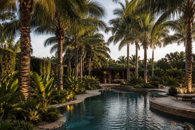 Mature palm trees surrounding a luxury backyard pool with dense tropical landscaping and subtle outdoor lighting.