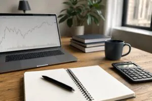 Online Courses - Laptop with financial chart, notebook and calculator on a desk