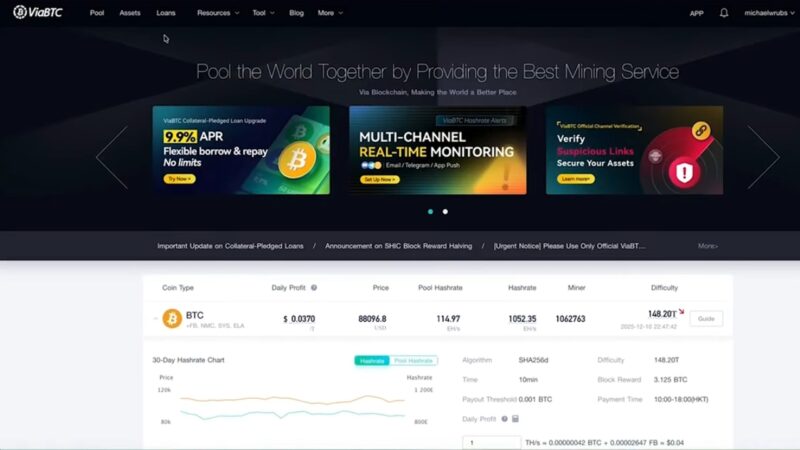 ViaBTC dashboard with Bitcoin pool hashrate, mining difficulty, and daily profit data