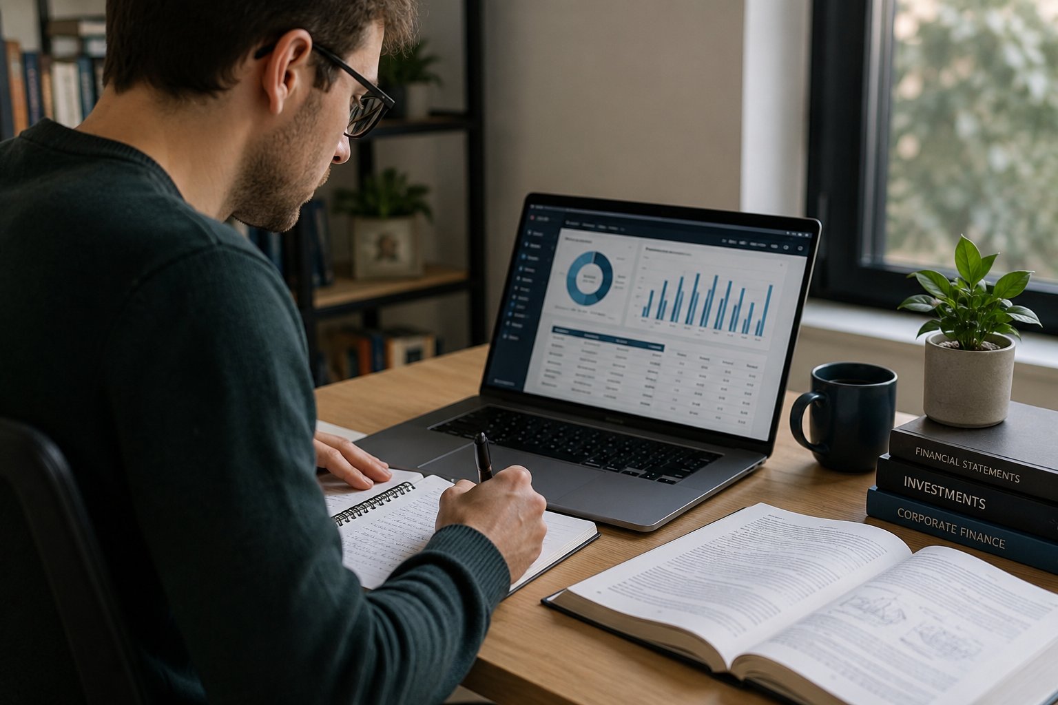 Man studying finance with a laptop, notebook and textbooks