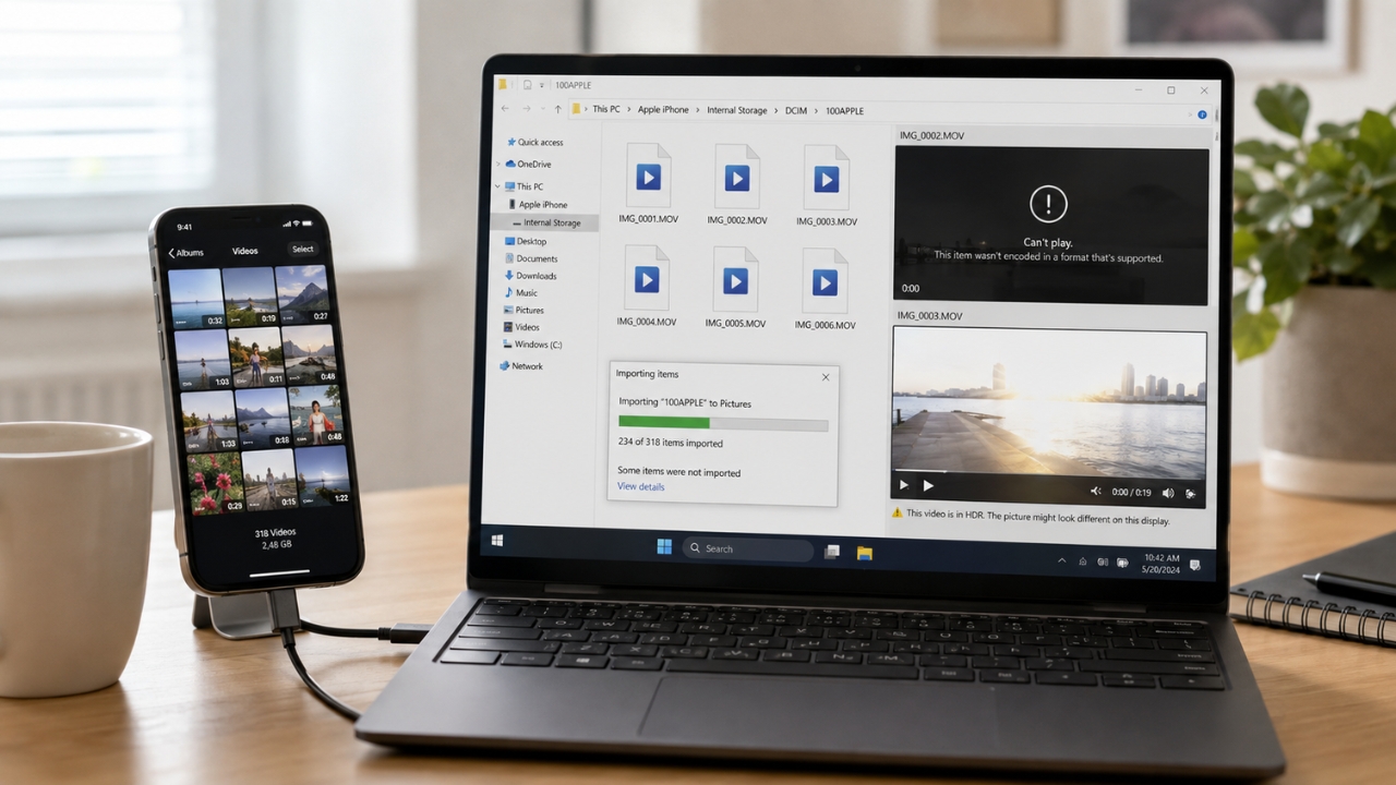 iPhone connected to a Windows laptop with video import and playback errors on screen.