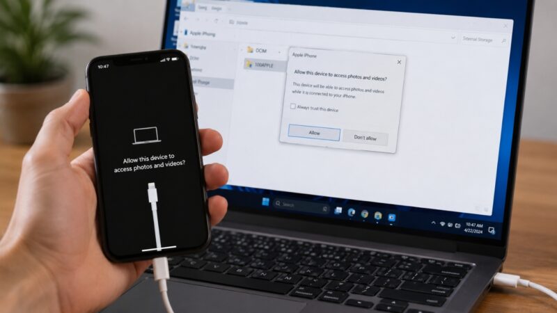 iPhone connected by USB to a Windows laptop with an access prompt