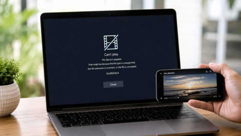 iPhone video beside a Windows laptop that shows a playback error