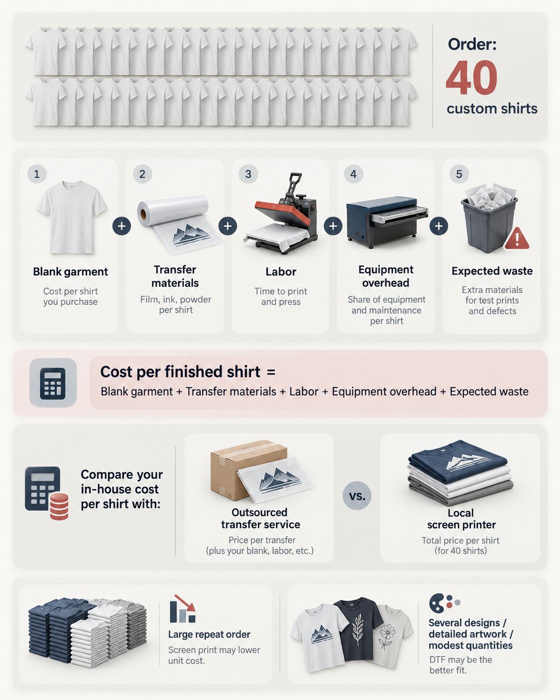 Infographic showing the five cost components of DTF shirt production and a comparison with outsourced printing.