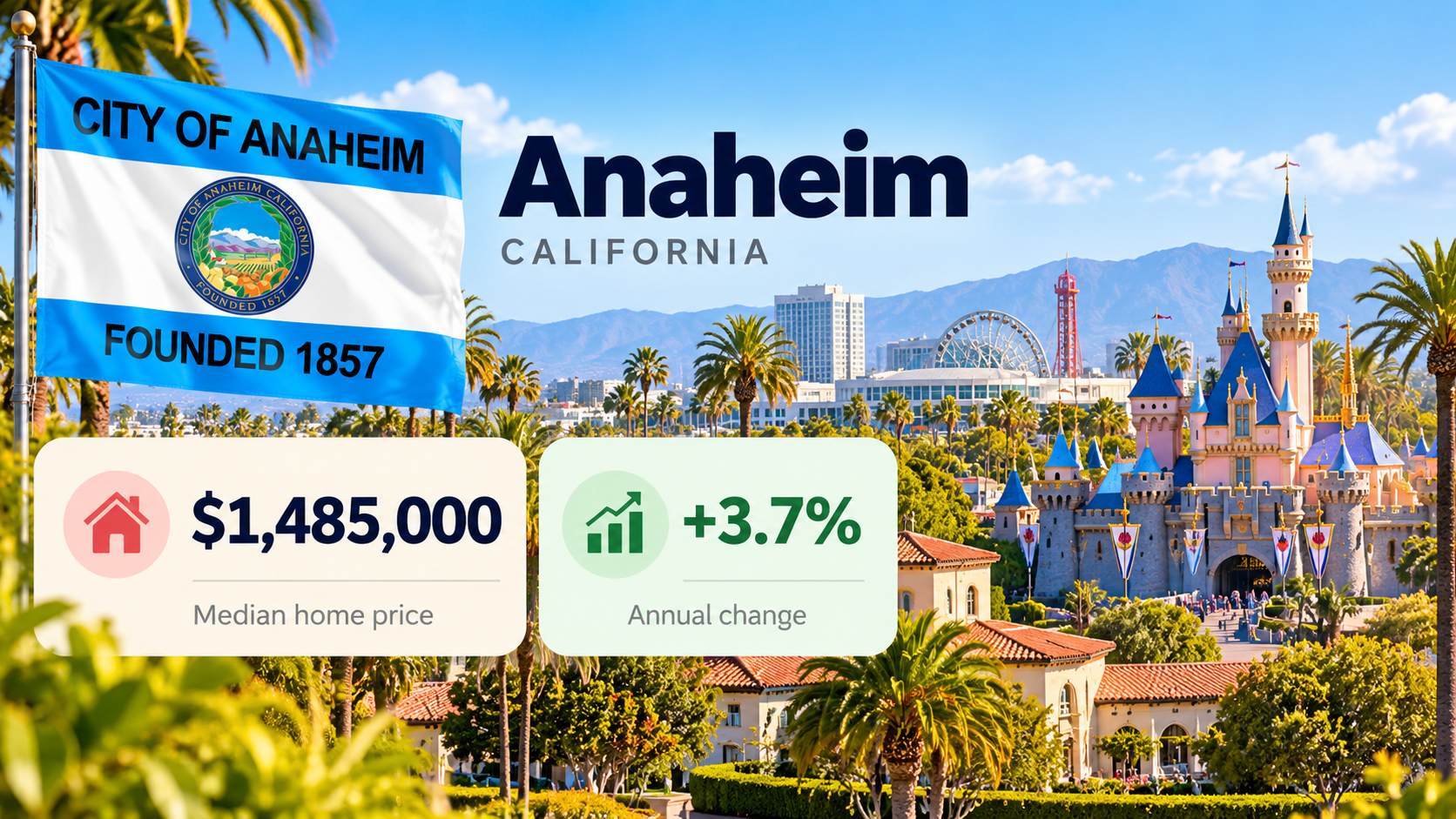 Anaheim city flag and skyline with Disneyland Castle, showing a $1,485,000 median home price and 3.7% annual increase.
