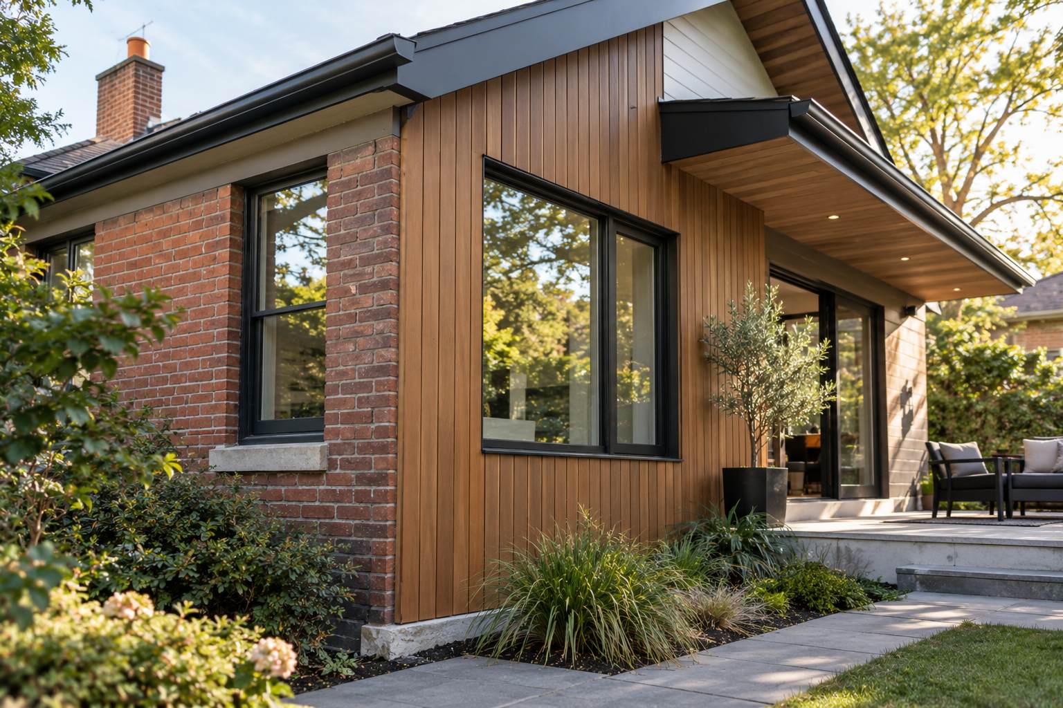 Brick house with vertical wood-style cladding on one exterior wall.