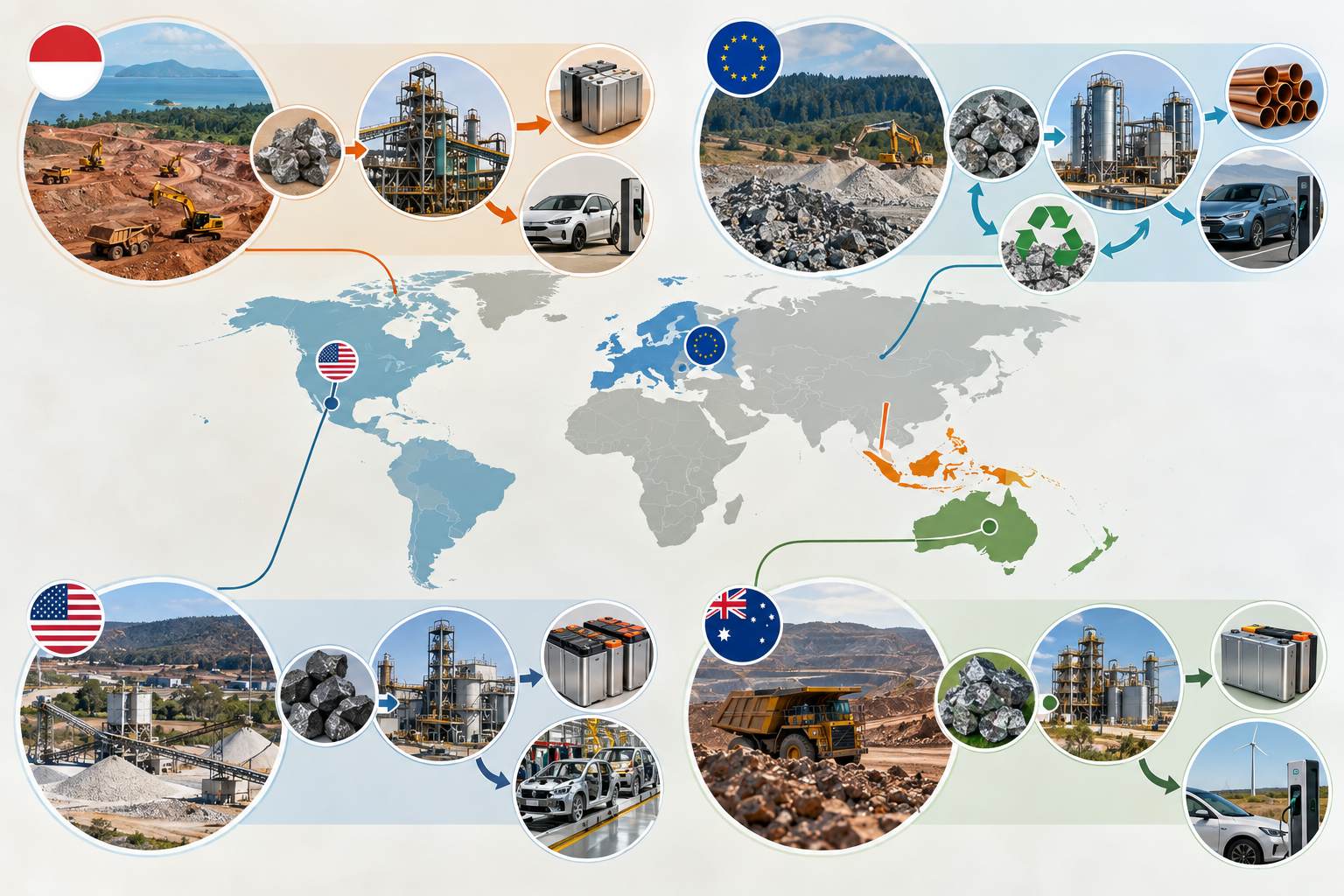 World map infographic comparing critical mineral mining, processing, battery manufacturing, and recycling strategies in Indonesia, the EU, the United States, and Australia.