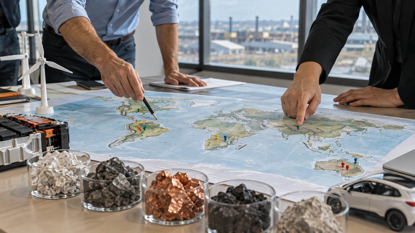 Industrial planners examining a world map with mineral samples, battery components, and factory location markers on a conference table.