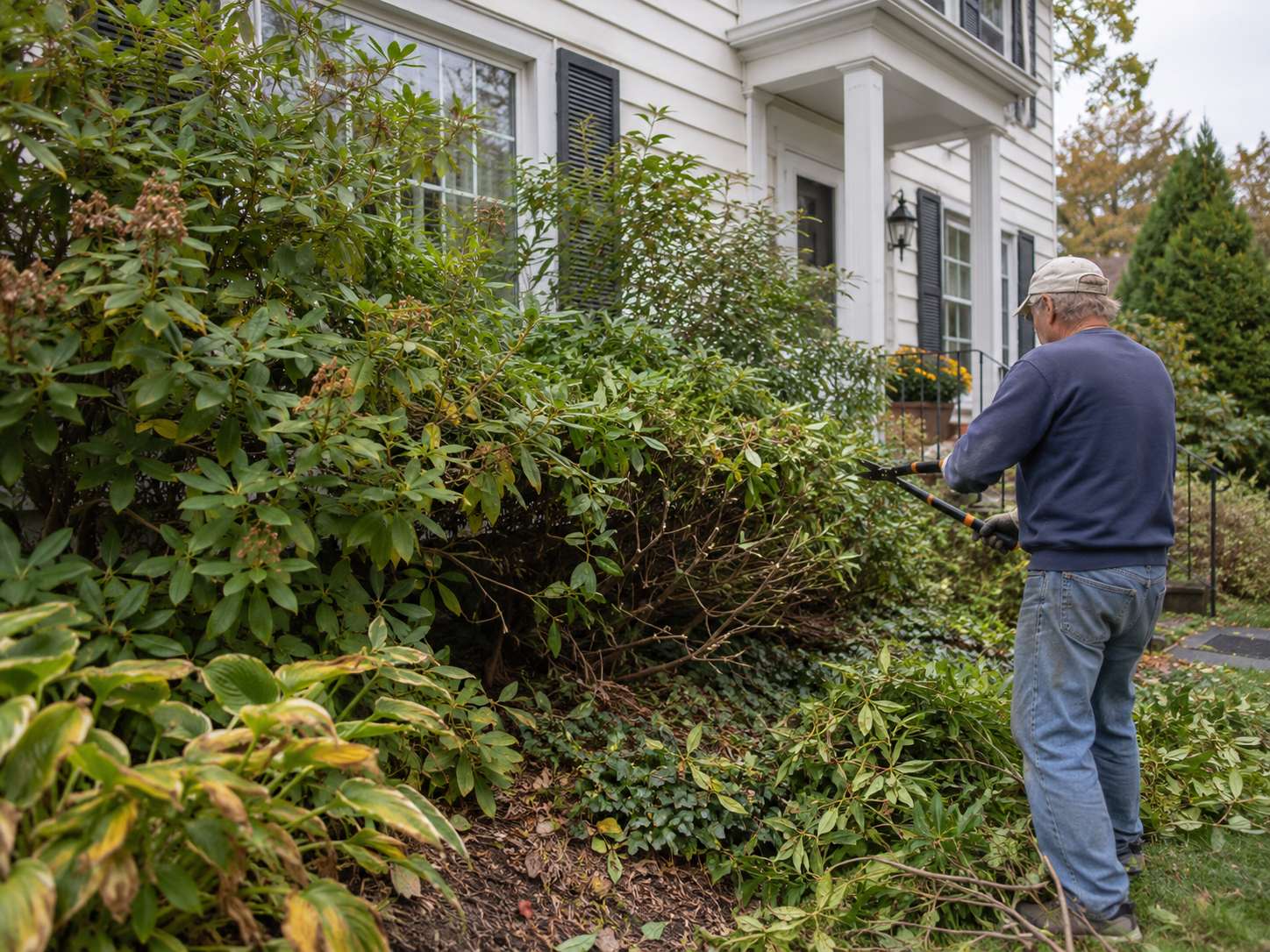 Homeowner trimming overgrown bushes in front of a traditional white house.