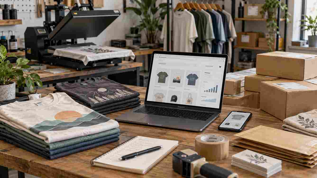 Apparel studio with printed T-shirts, a laptop displaying an online store, heat press, and shipping boxes.