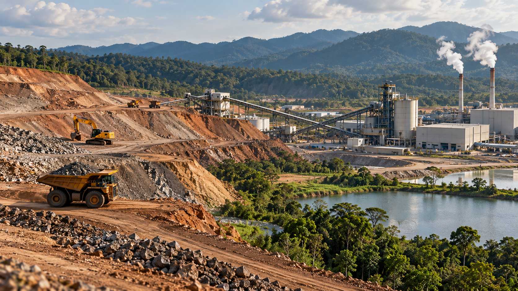 Open-pit mine and mineral processing plant surrounded by forested hills, with heavy machinery, smokestacks, and a nearby lake.