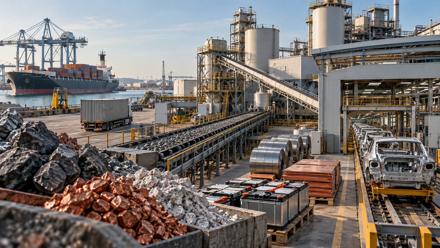 Industrial supply chain with cargo ship, freight truck, mineral conveyors, metal coils, battery components, and car assembly equipment.