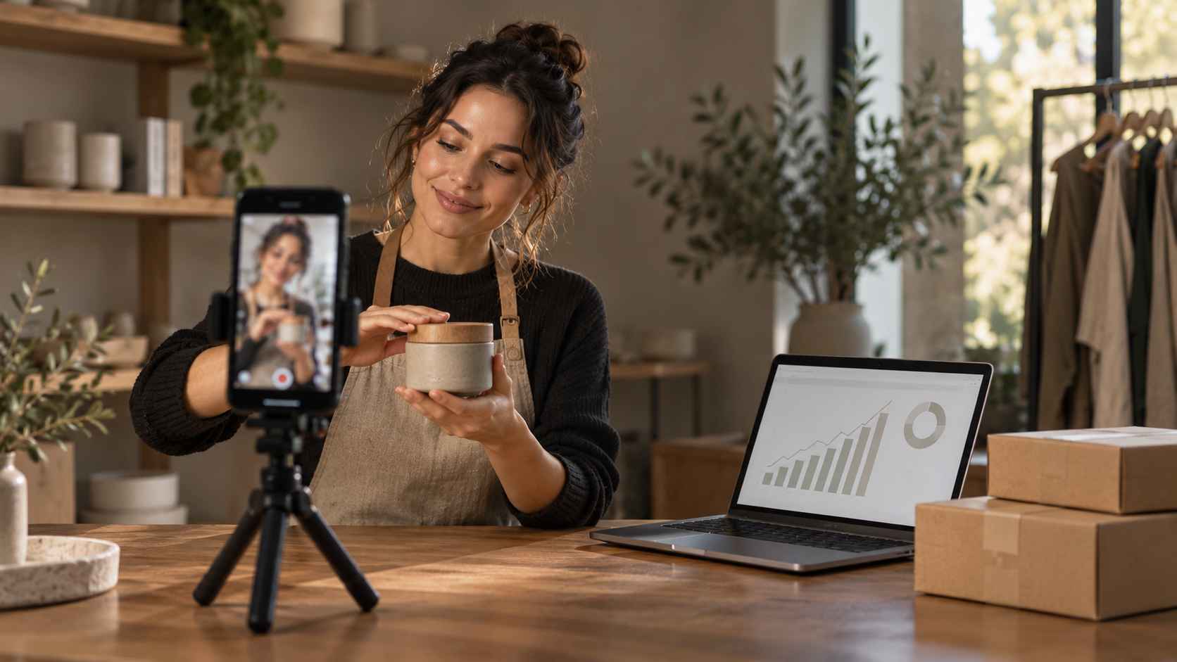 Small business owner filming a product demonstration on a smartphone beside a laptop displaying sales analytics Instagram Reels