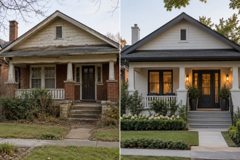 Before and after comparison of an Old House with a modernized exterior, updated porch, and landscaping.
