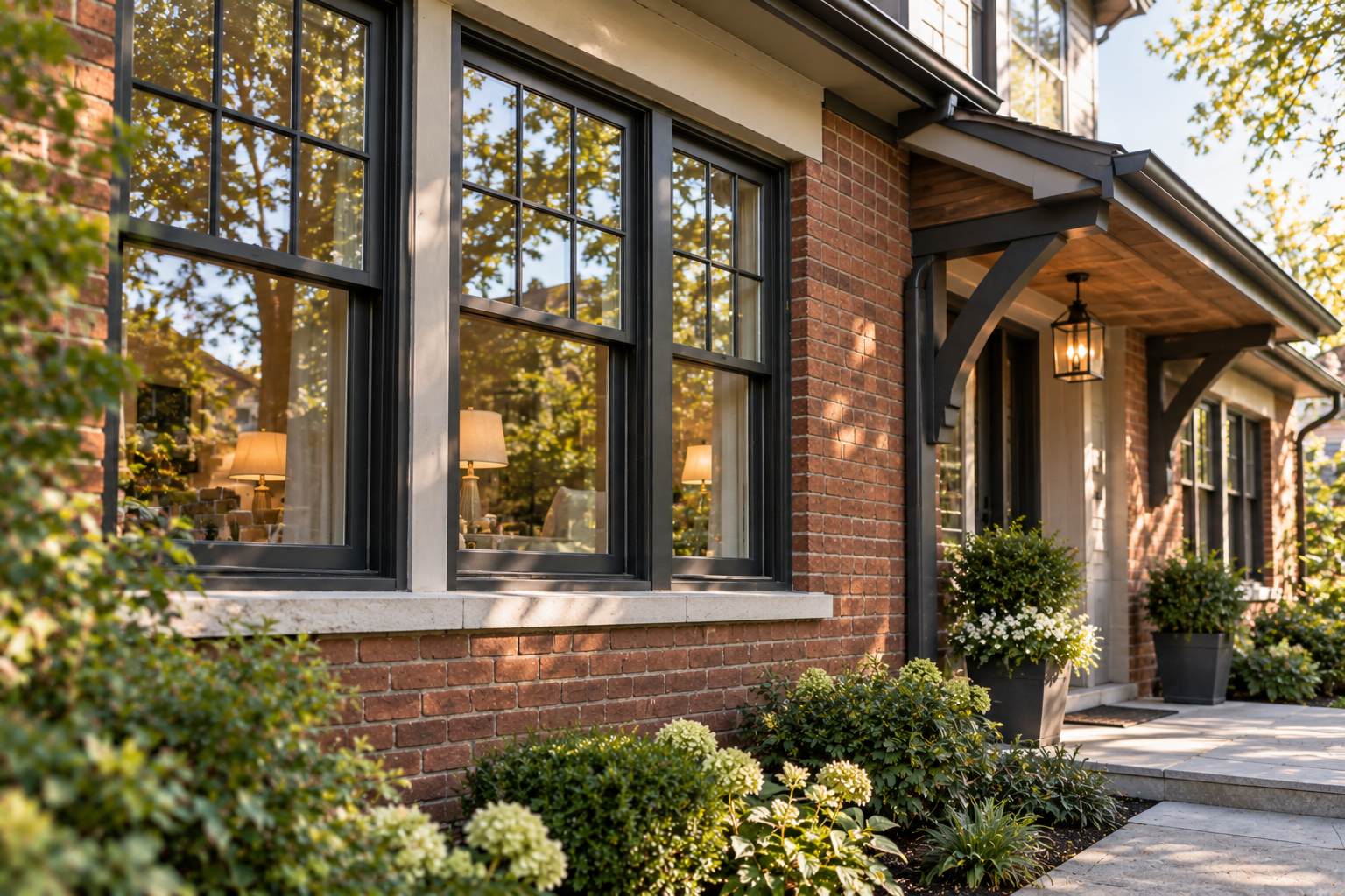 Traditional brick house with restored black-framed windows and original architectural details.