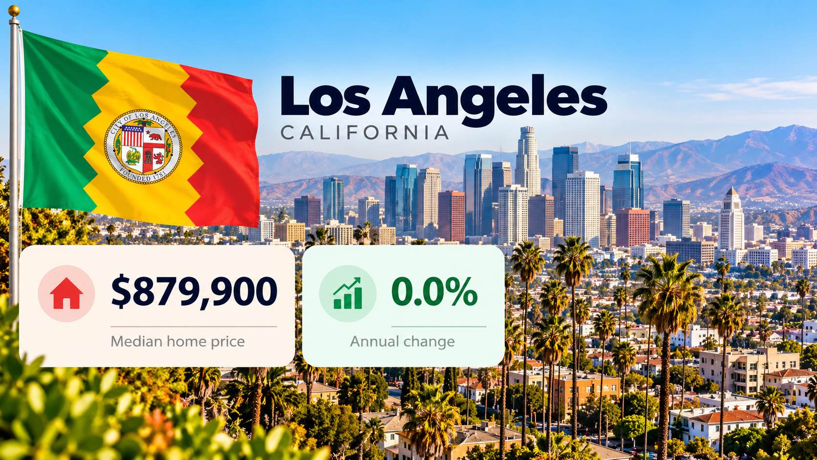 Los Angeles city flag, downtown skyline, and palm trees showing an $879,900 median home price and 0.0% annual change.