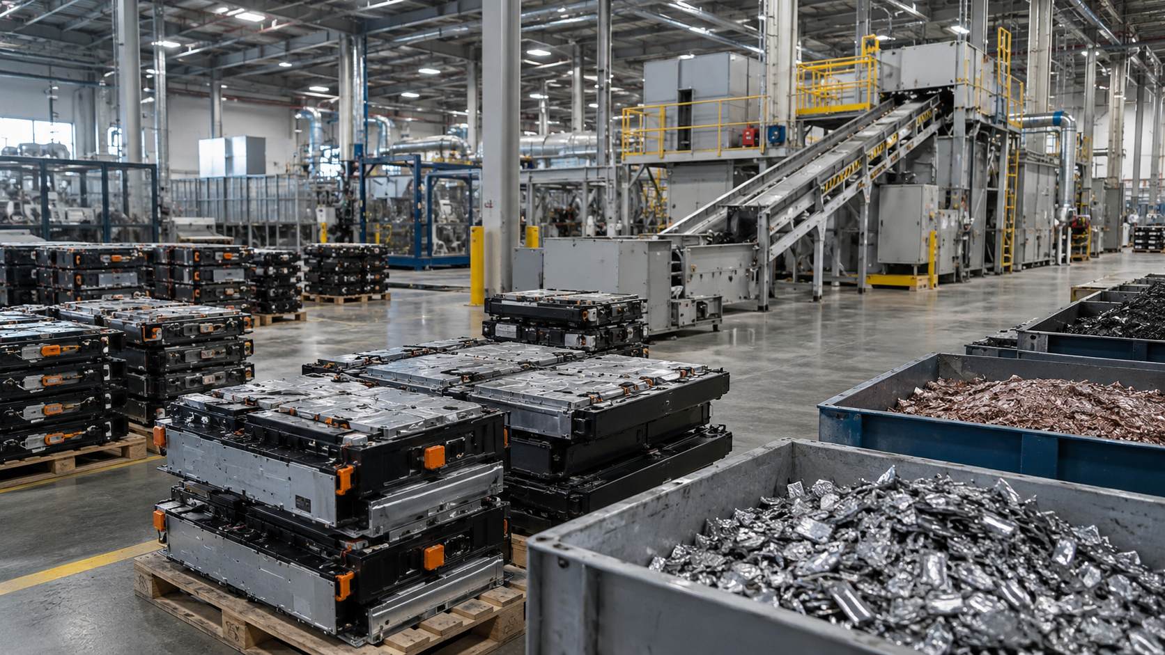Industrial battery recycling facility with stacked battery packs, metal scrap containers, conveyor belts, and specialized recycling machinery.