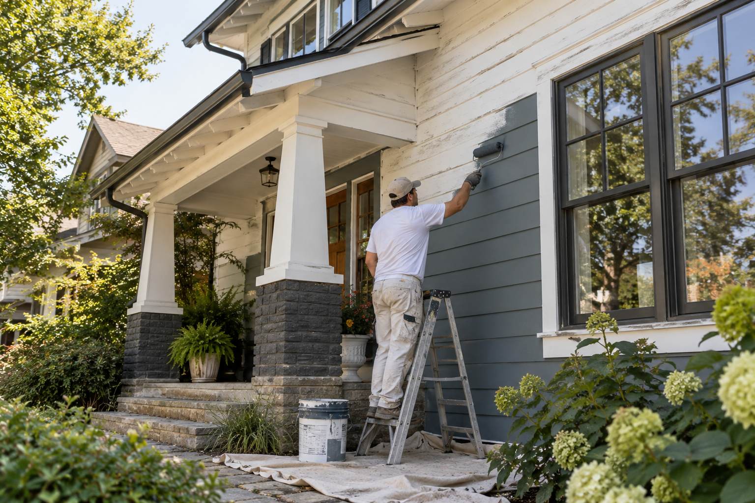 Professional painter applying blue-gray exterior paint to wooden house siding.