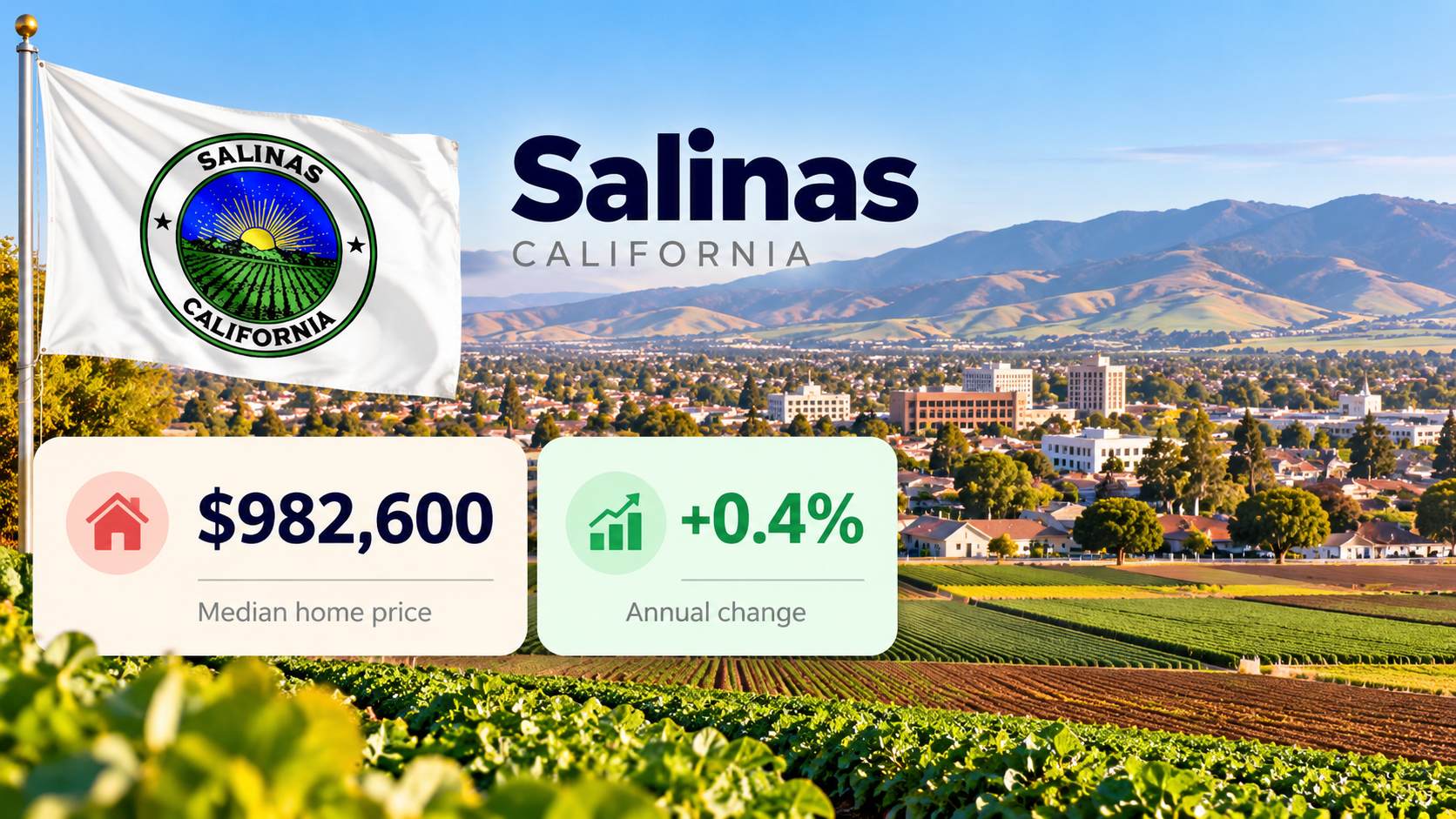 Salinas city flag, agricultural fields, and skyline showing a $982,600 median home price and 0.4% annual increase.