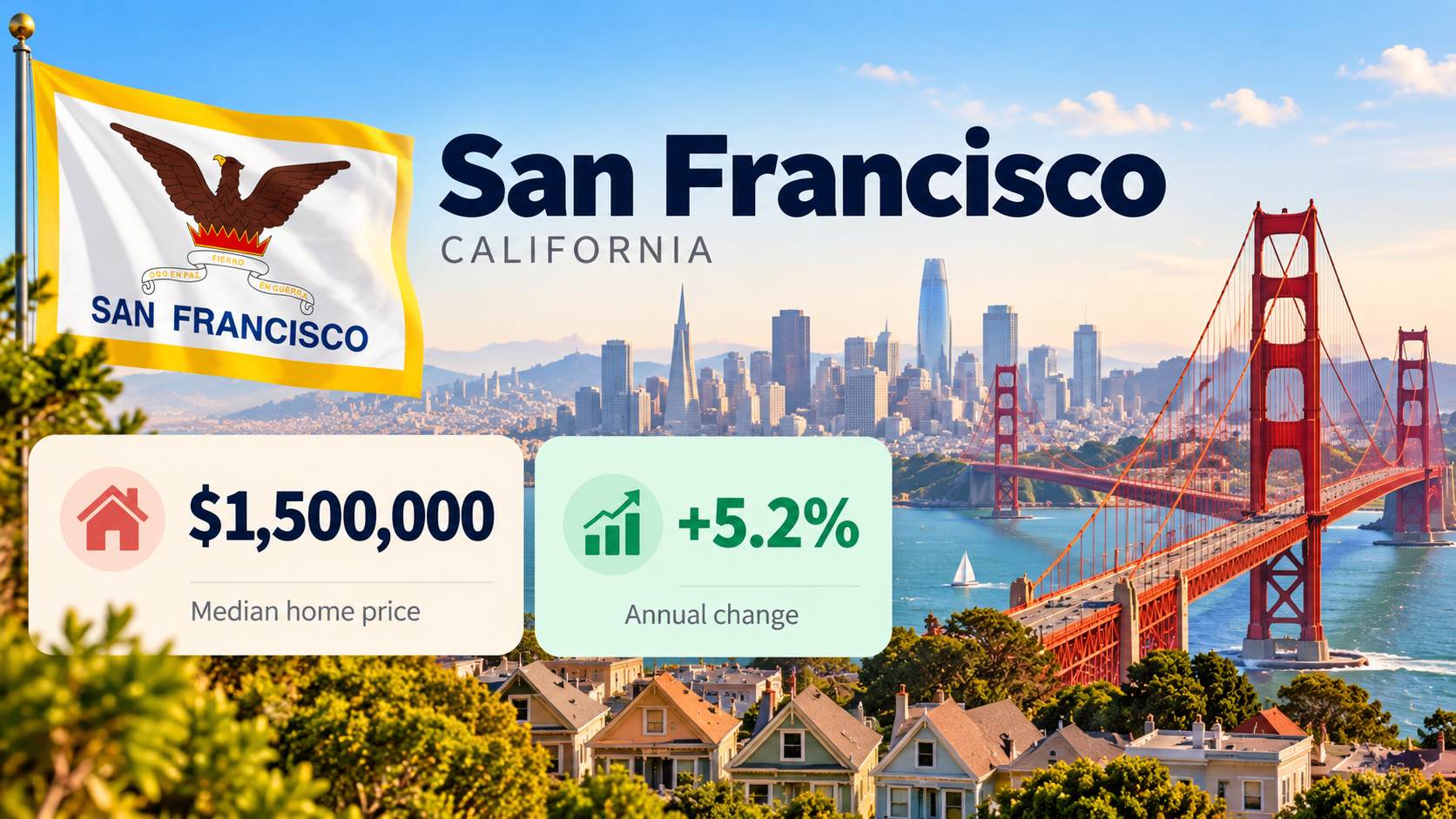 San Francisco skyline, Golden Gate Bridge, and city flag with a $1.5 million median home price and 5.2% annual increase.