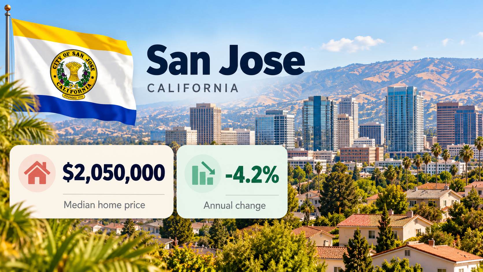 San Jose skyline and city flag with a median home price of $2,050,000 and a 4.2% annual decrease.