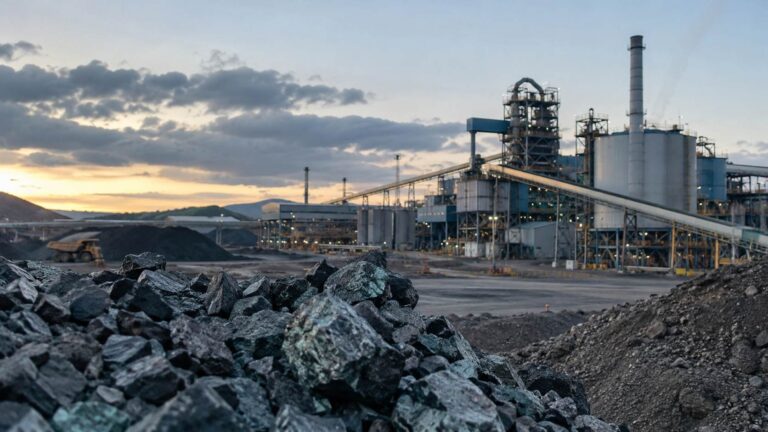 Piles of mineral ore in front of a large industrial processing facility with conveyors, storage tanks, and machinery at dusk.