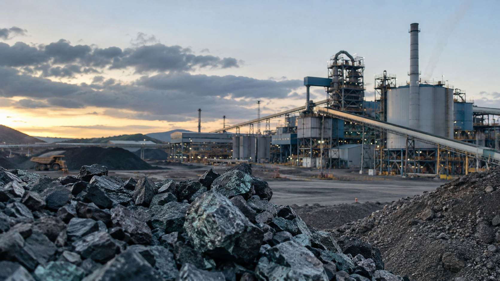 Piles of mineral ore in front of a large industrial processing facility with conveyors, storage tanks, and machinery at dusk.