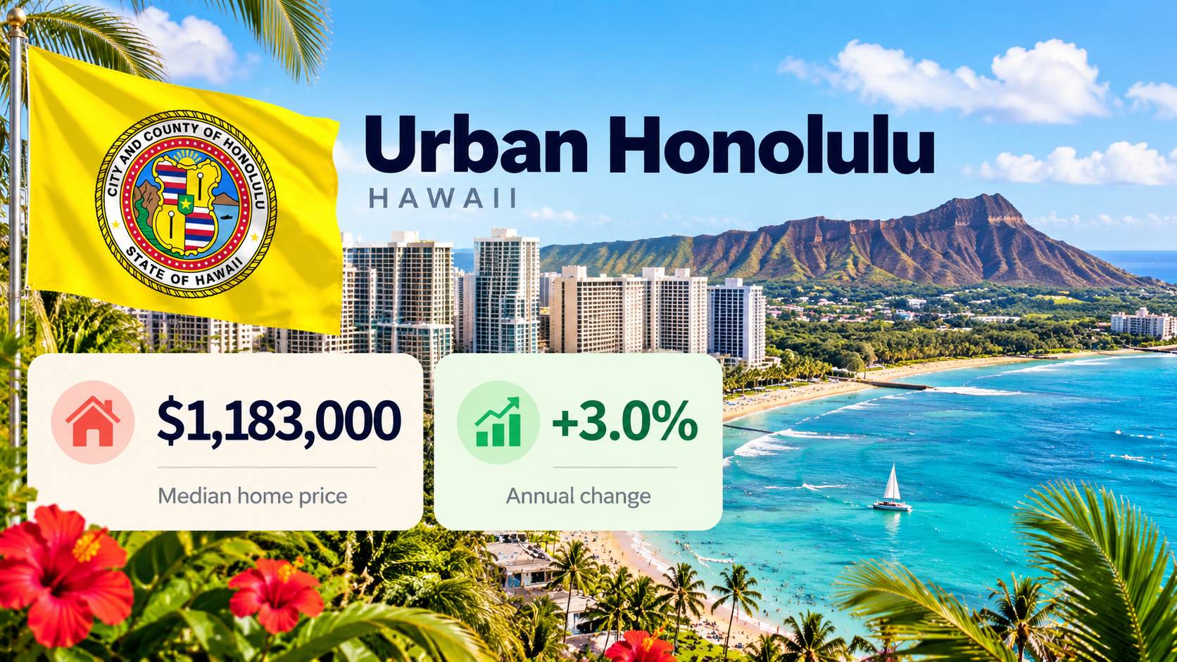 Urban Honolulu skyline, Diamond Head, and city flag with a $1,183,000 median home price and 3.0% annual increase.
