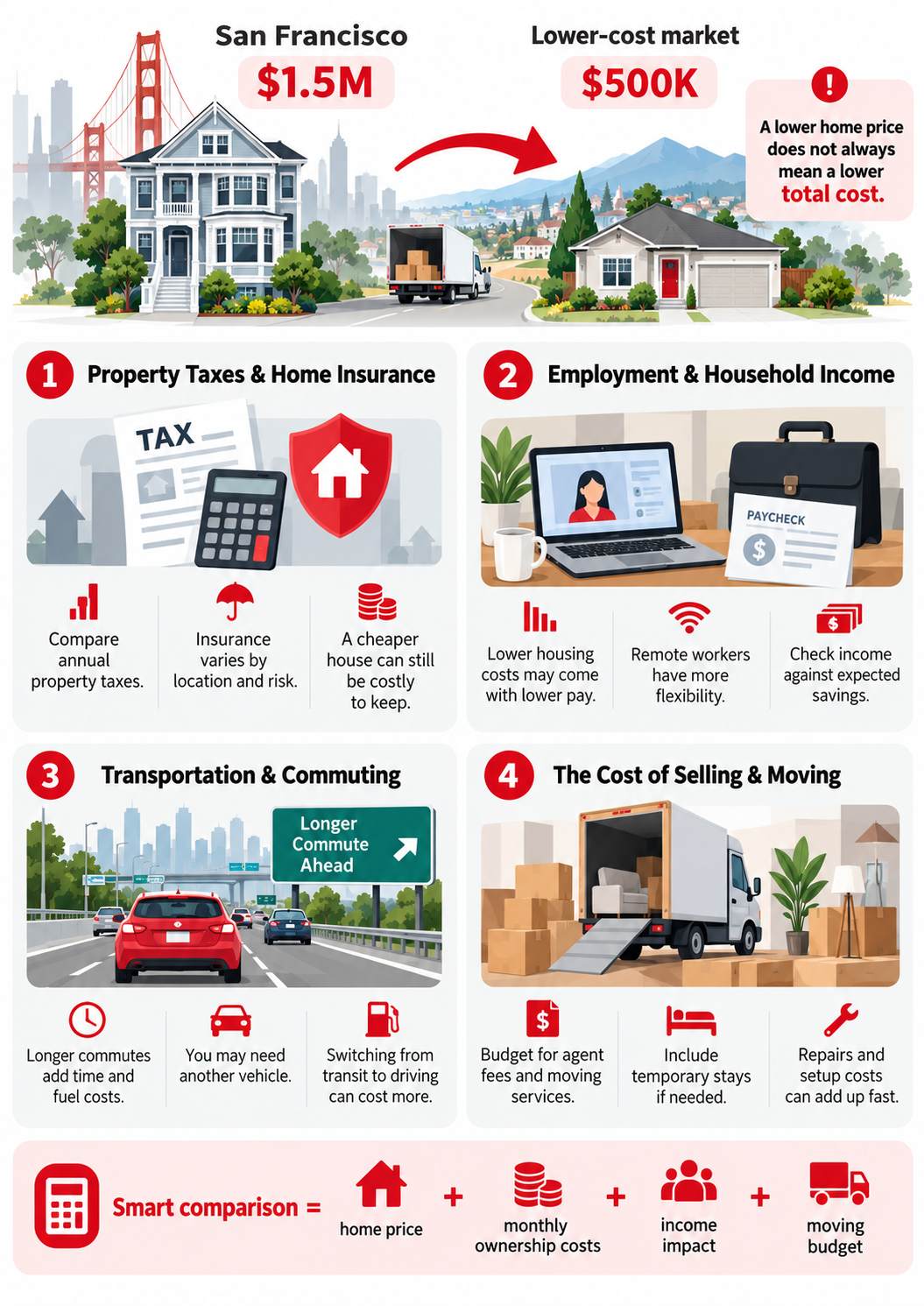 Infographic comparing home prices and four key relocation expenses: taxes, insurance, income, commuting, and moving costs.