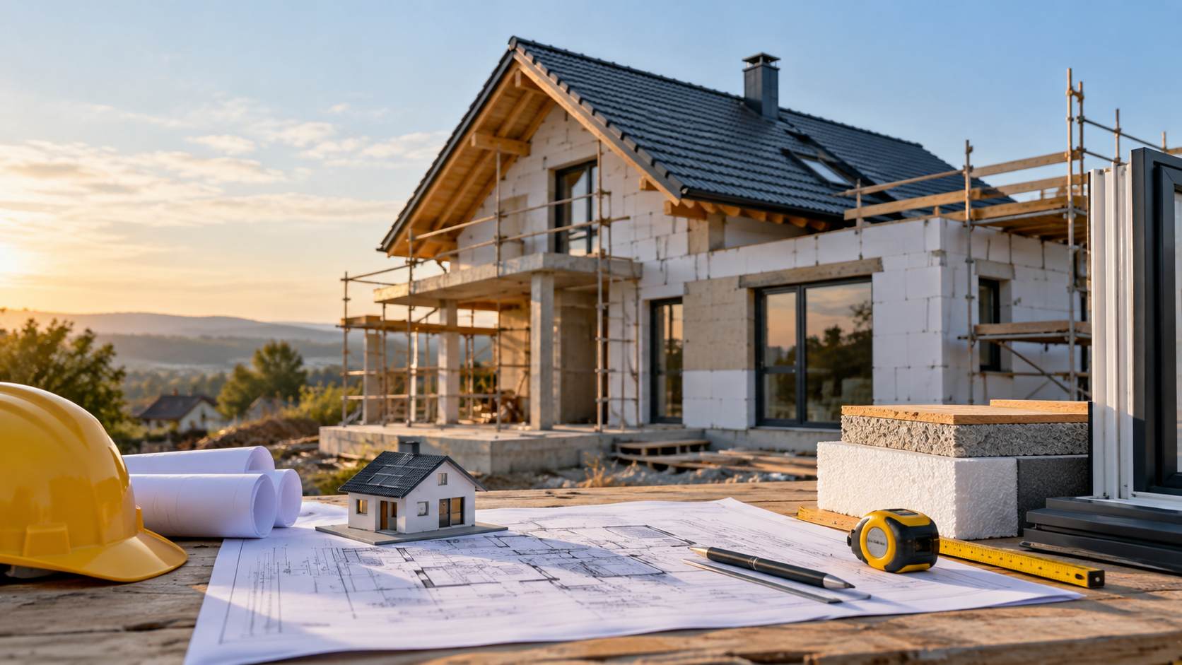 Unfinished house with scaffolding, architectural blueprints, insulation samples, and construction tools.